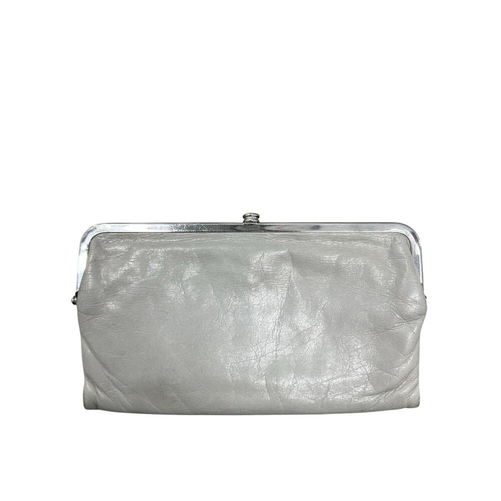 HOBO Rachel Vintage Leather Frame Clutch Wallet Grey Silver Kisslock